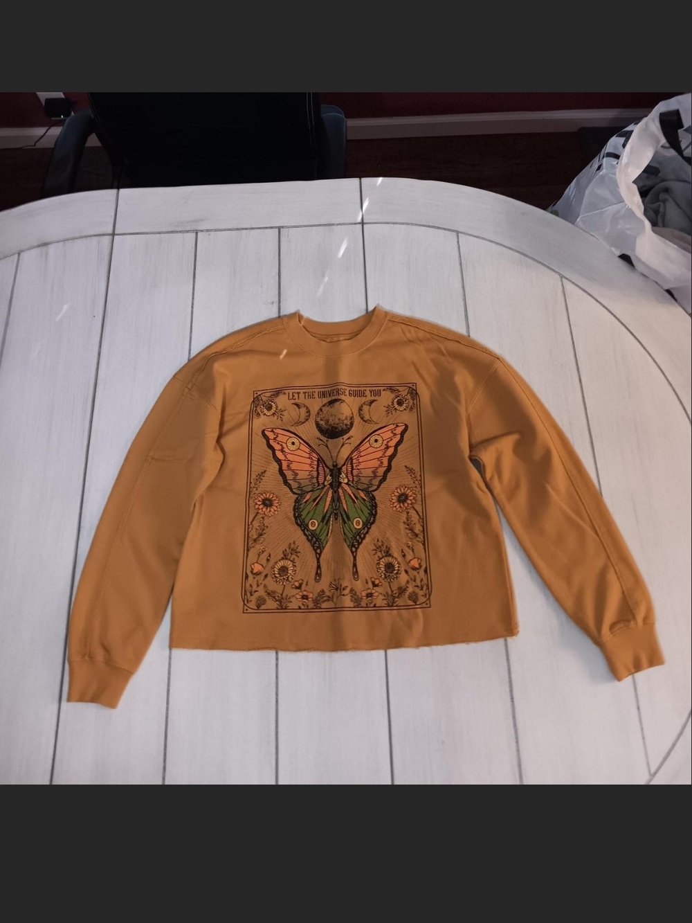 Zoe + Liv Mustard Crewneck Sweater with Multicolor Butterfly Print